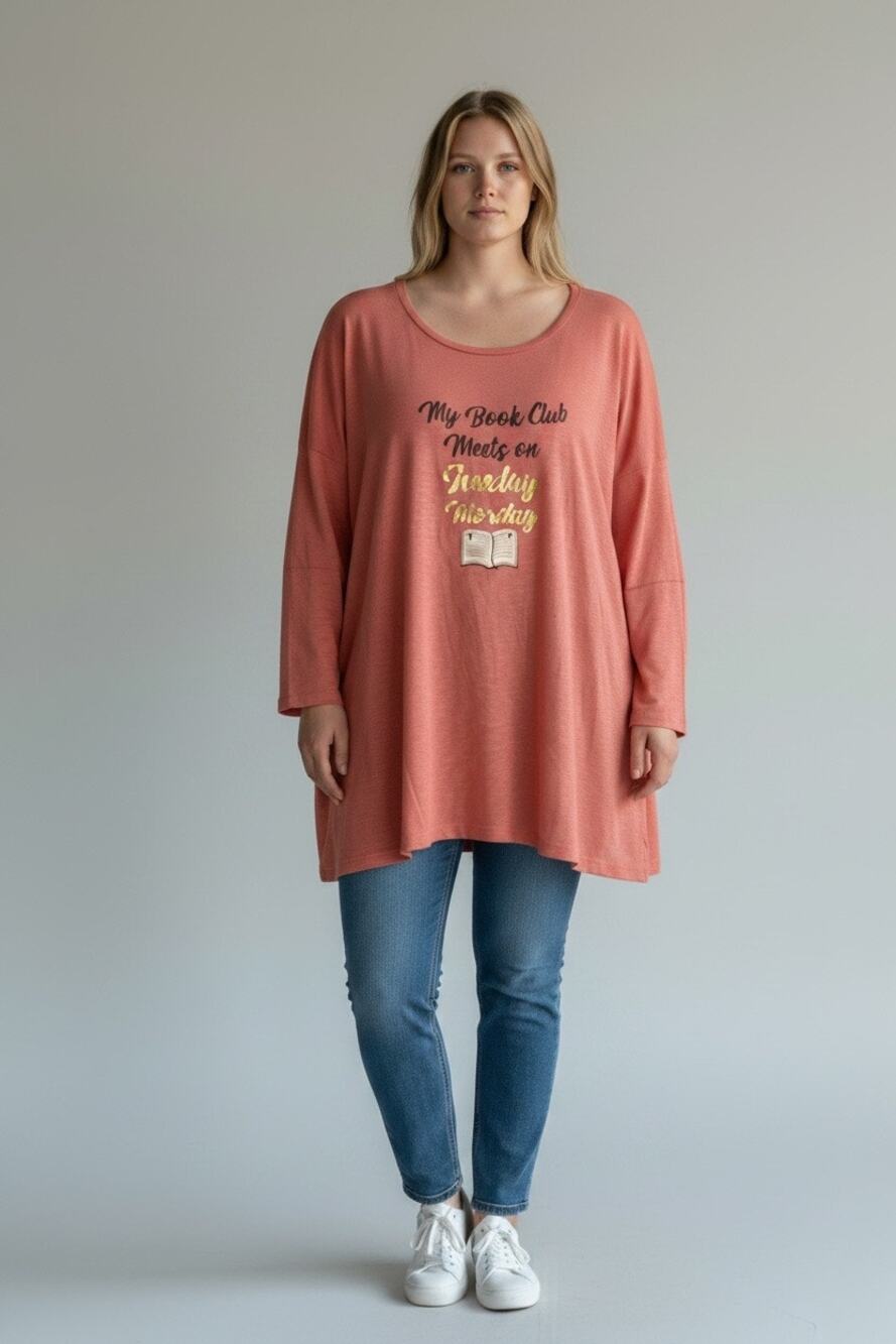 EST 1946 Womens 26/28W Pink My Book Club Meets On Sunday Graphic Tunic Top